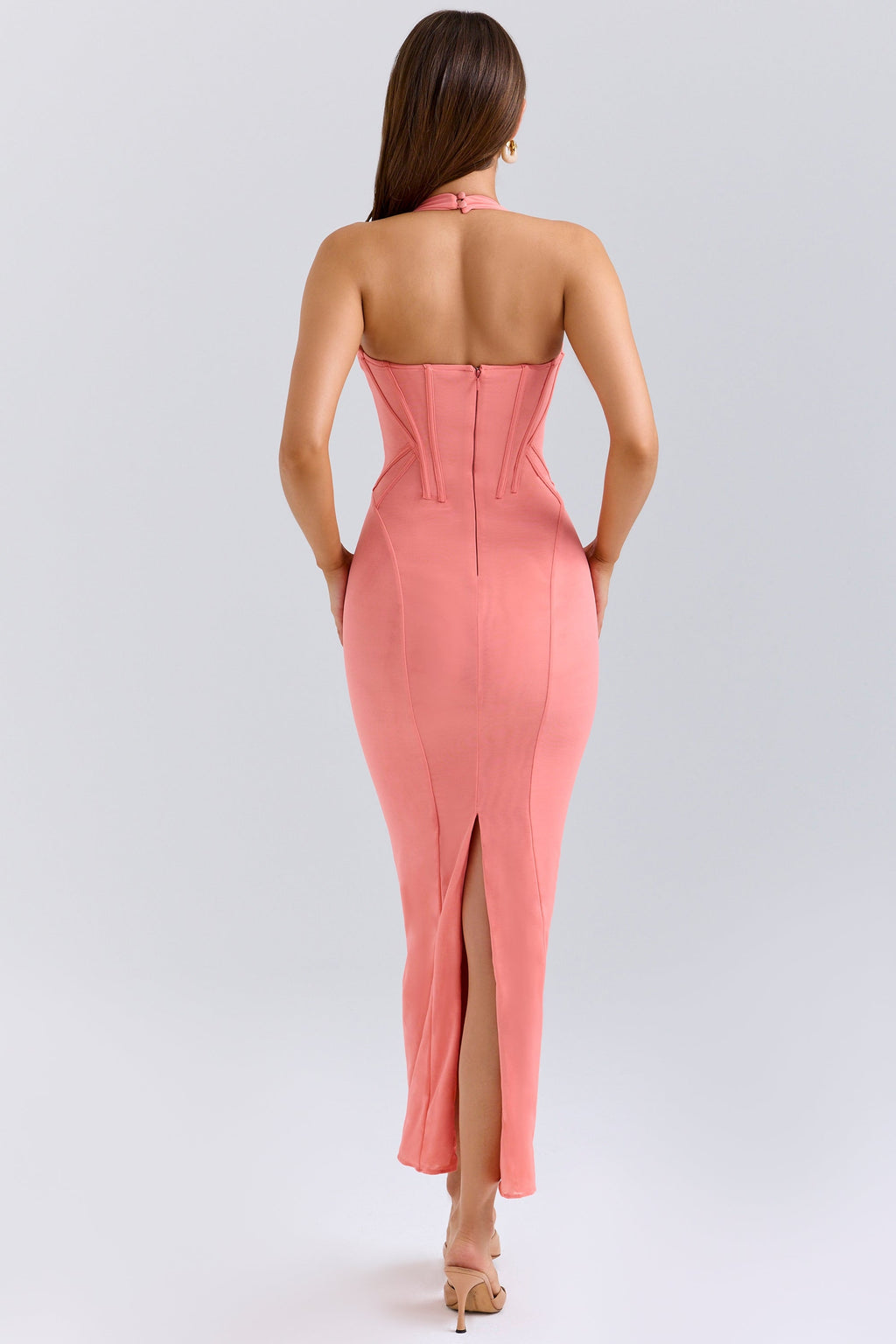 coral stretch mesh halter neck midi dress