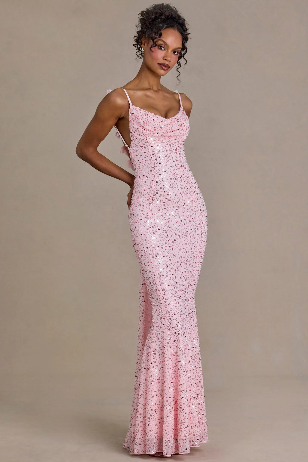 Embellished Open-Back Maxi Dress in Baby Pink
