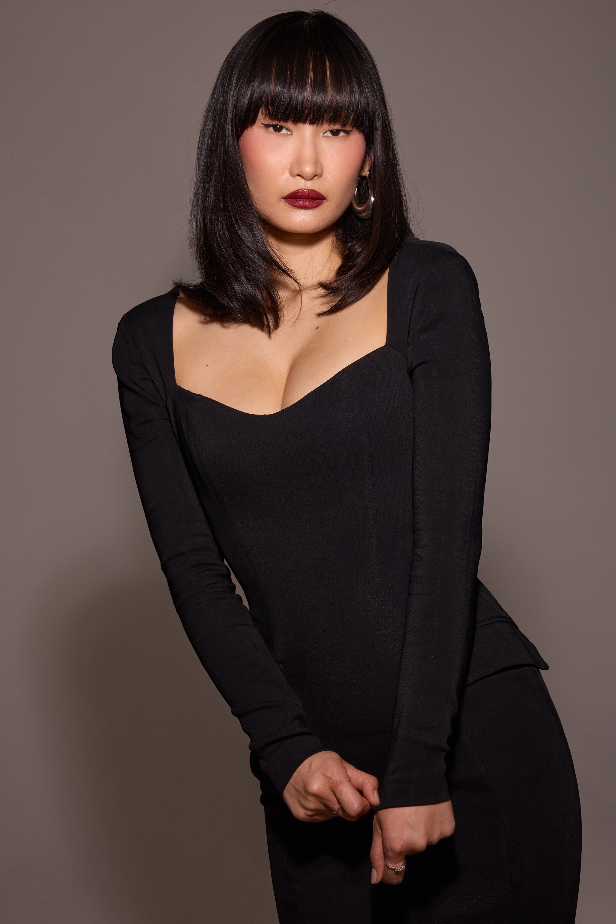 black stretch crepe long sleeve midi dress