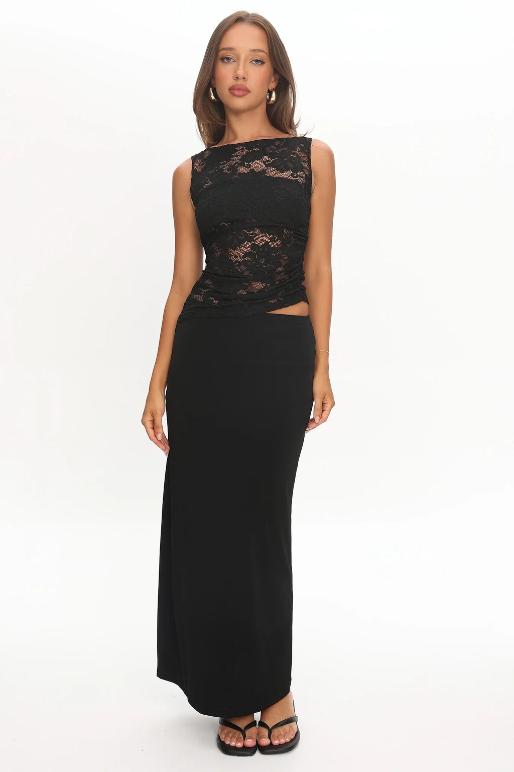 Lorely Ruched Lace Bodice Maxi Dress Black