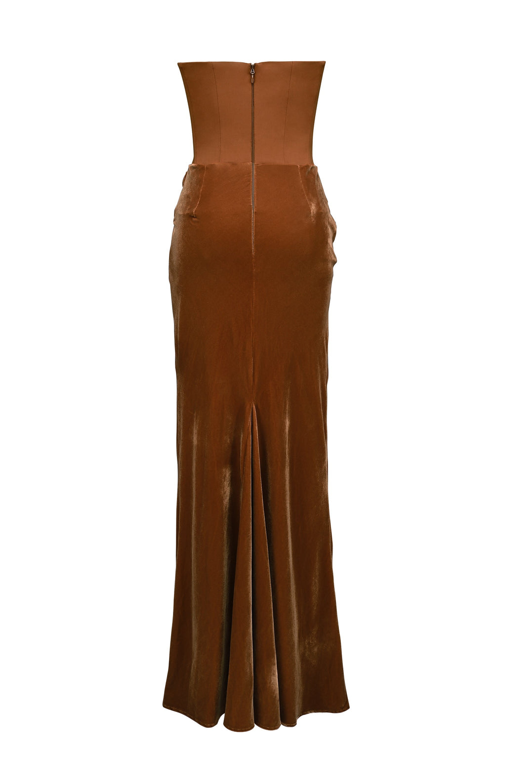 coffee velvet strapless corset maxi dress