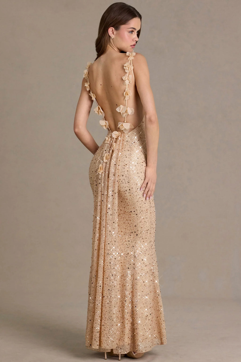 Embellished Open-Back Maxi Dress in Gold