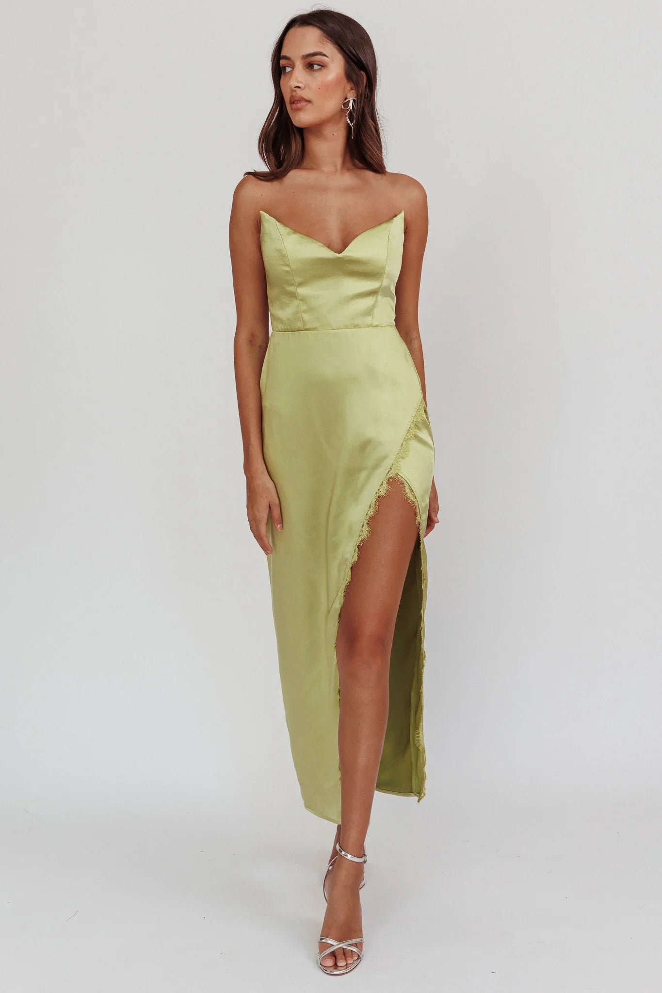 Winter Moon Strapless Lace Trim Midi Dress Sage