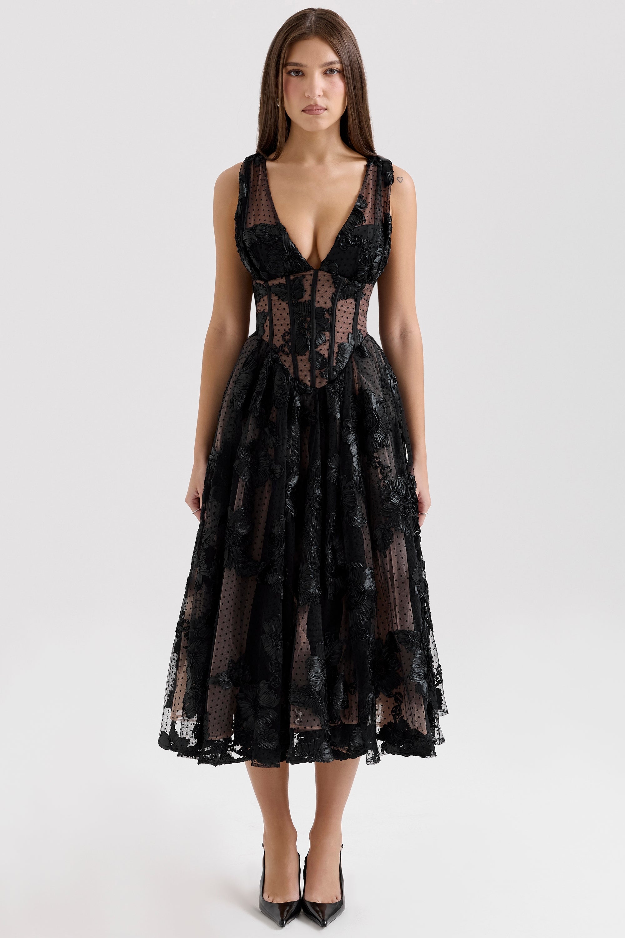 black embroidered tulle corset midi dress