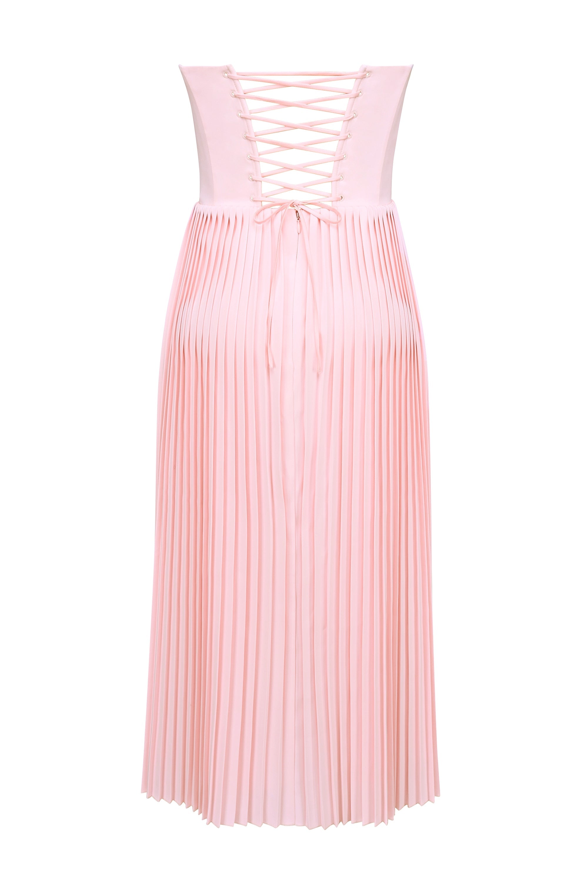 pink pleated midi corset dress