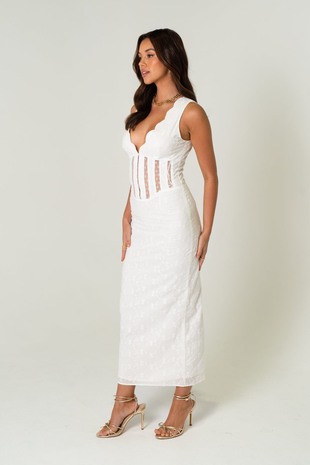 Brooke White Midi Scalloped Edge Dress