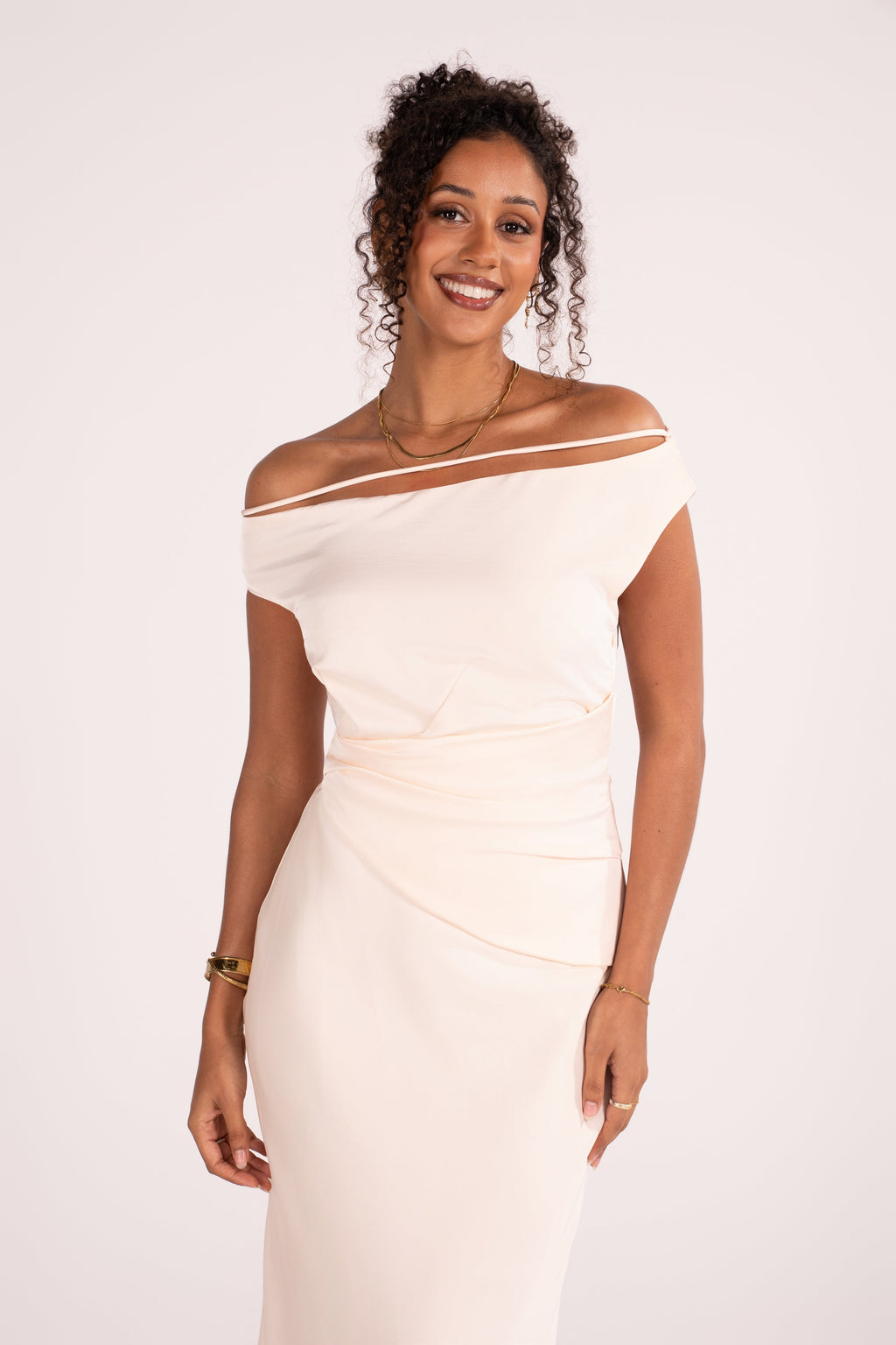 Novara Asymmetrical Cream Drop Shoulder Maxi Dress