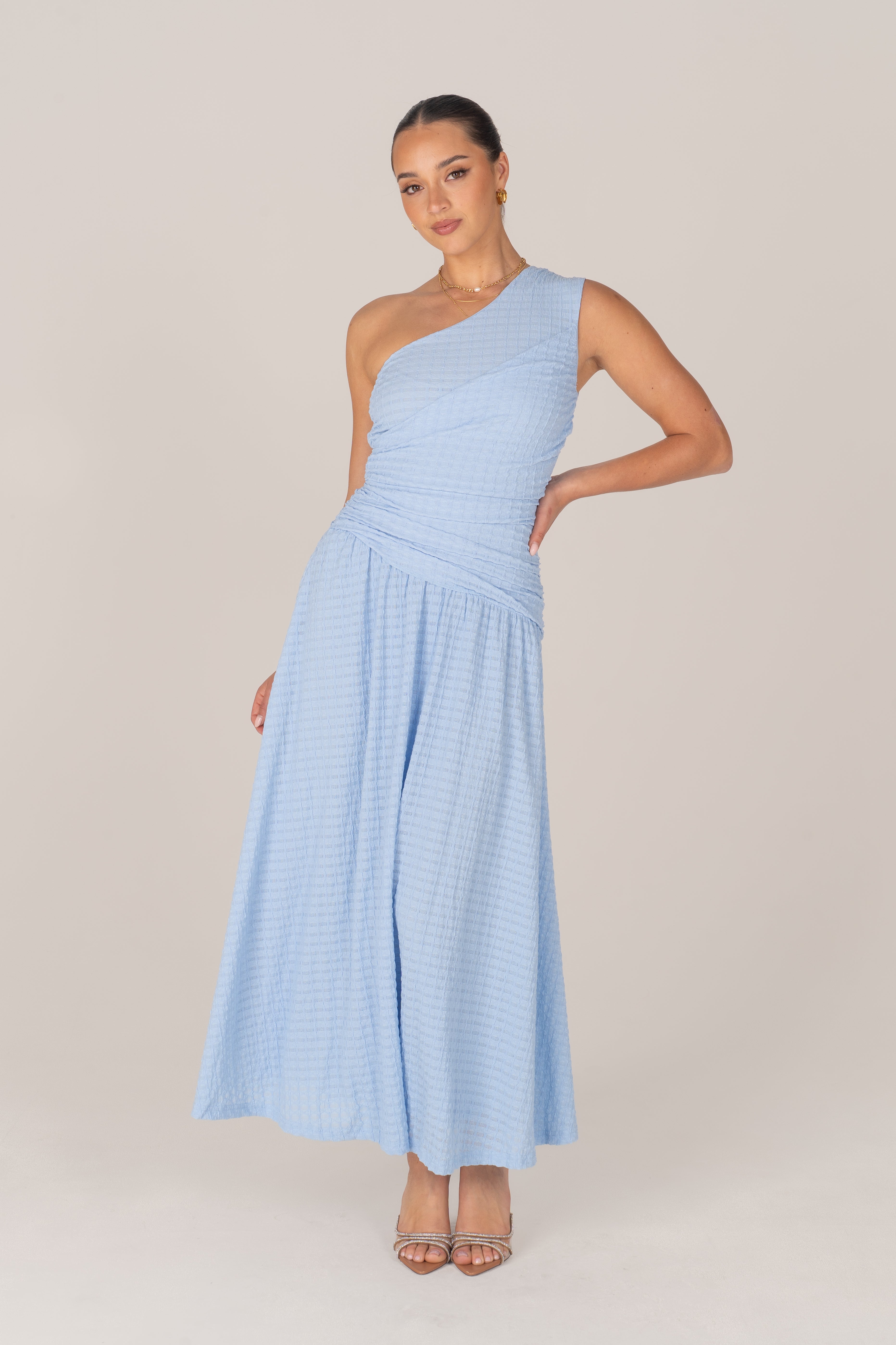 Tahlia One-Shoulder Blue Gathered Maxi Dress