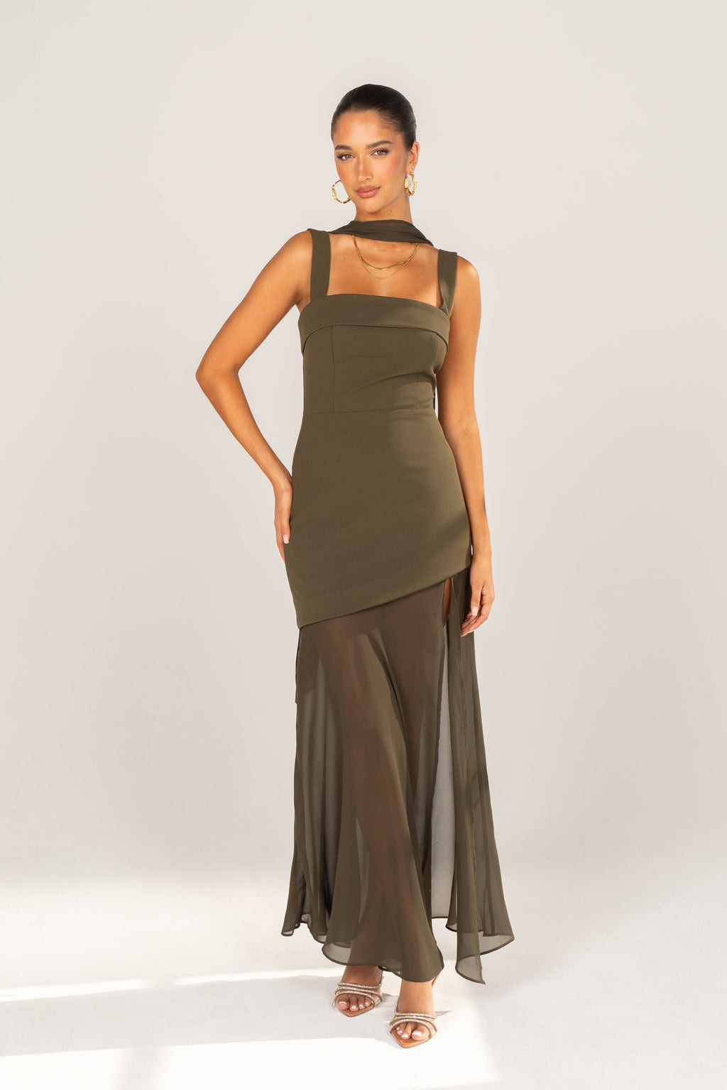 Yelena Olive Asymmetric Maxi Dress with Detachable Neck Piece