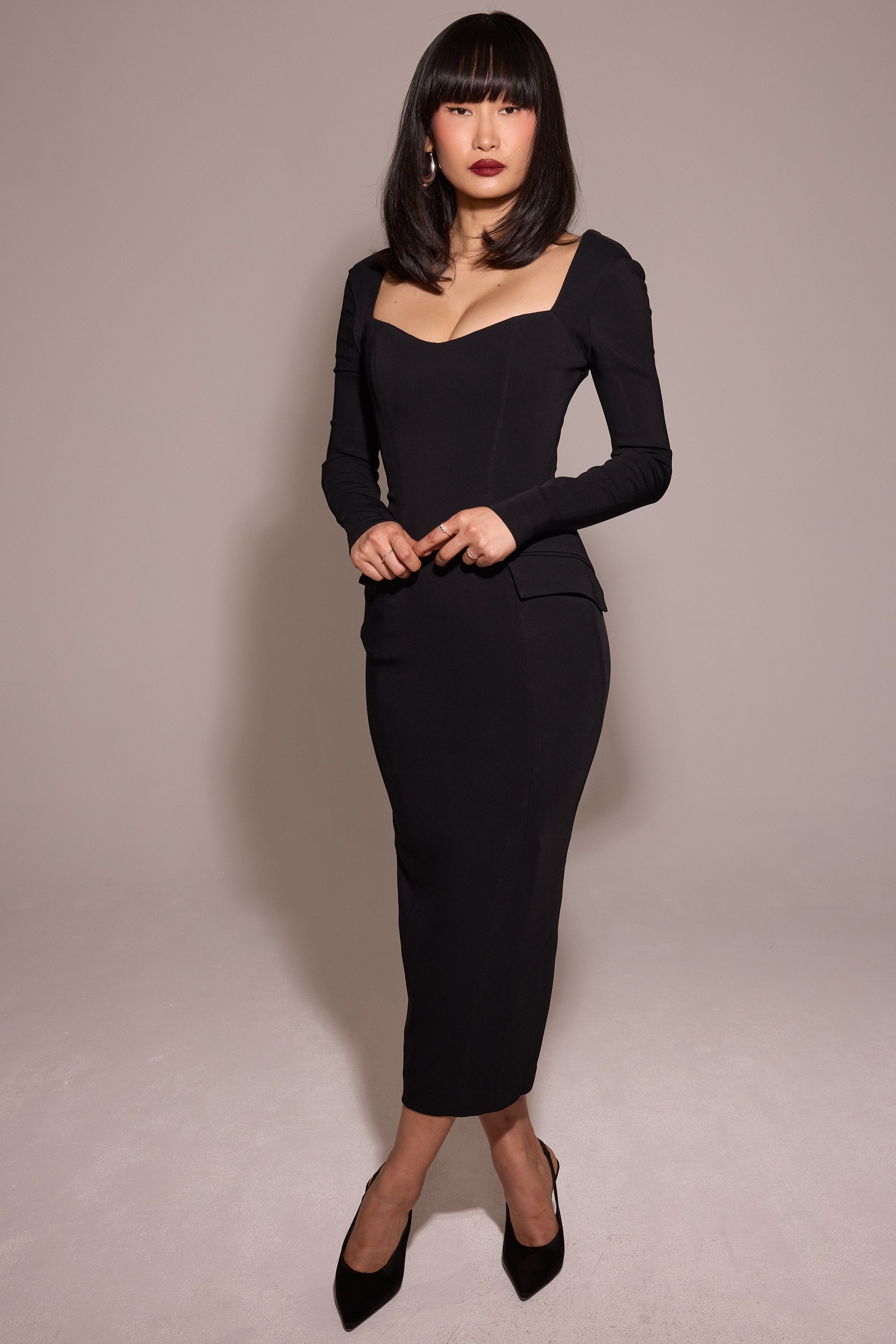 black stretch crepe long sleeve midi dress