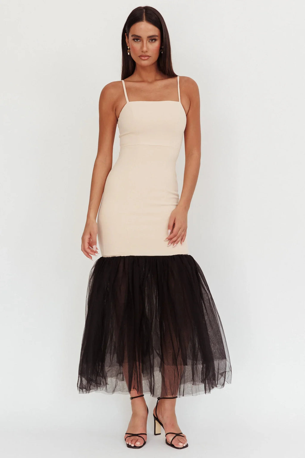 Tomie Tulle Hem Maxi Dress Beige Combo