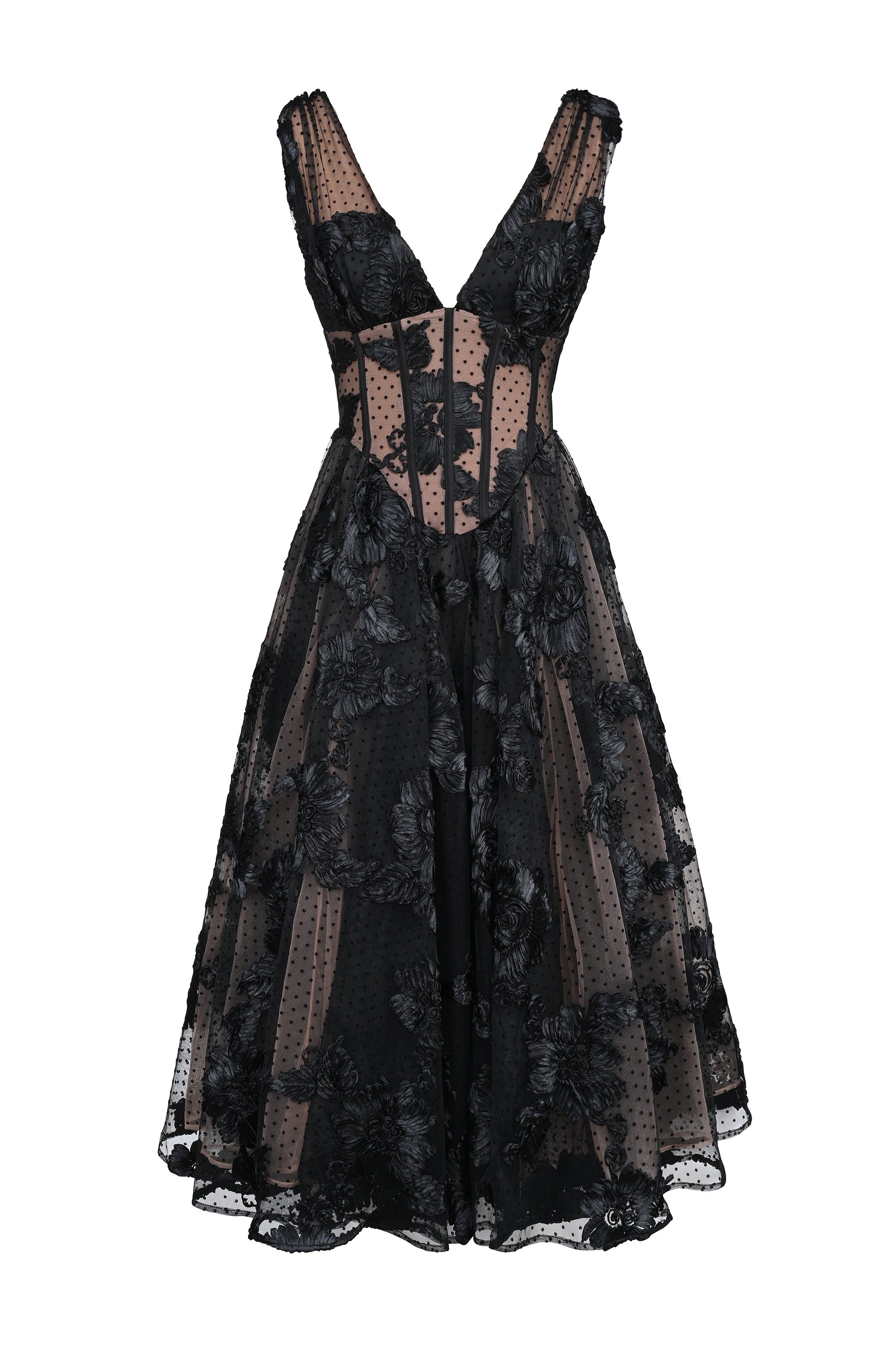 black embroidered tulle corset midi dress
