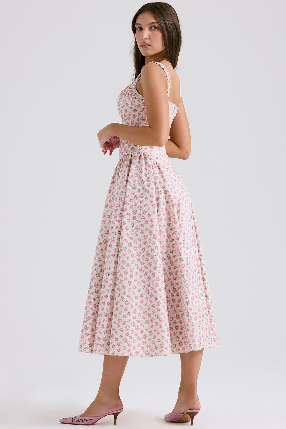 white rosebud print cotton midi sundress